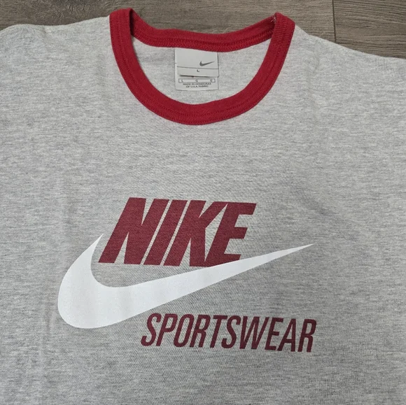 Nike Classic Ringer Big Logo Y2K Short Sleeve Mens Tee Size Large Grey Red - Picture 2 of 10